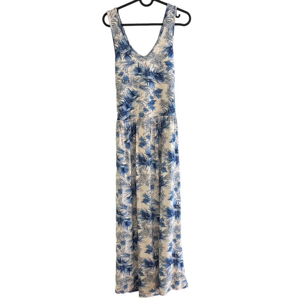 NWT Peach M Santorini maxi dress white blue floral bamboo racer open back